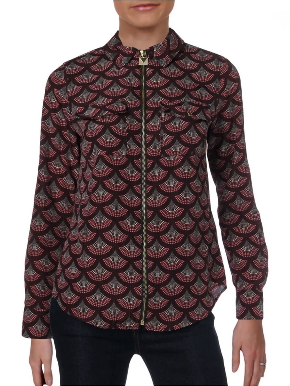 Michael Kors Womens Burgundy Zip-Front Shirt top blouse adjustable sleeves XL - Picture 4 of 11
